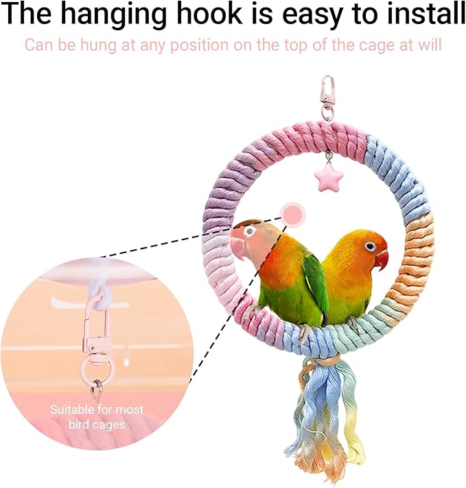 Bird Swing,Gradient Colorful Cotton Rope Bird Swing Cage Hanging Toys,Bird Cage Climbing Rope Toys Accessories,for Cockatiel Conure Cockatoo Parakeet Cage Hanging Decor(Round,Diameter:7.9")