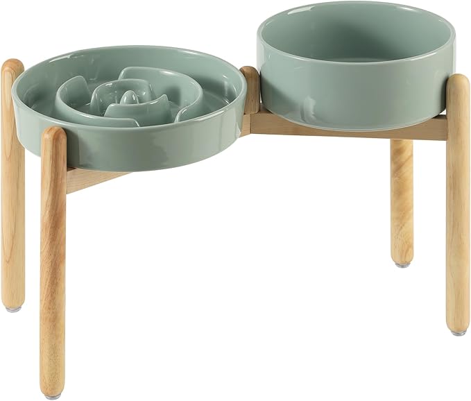 3.2 Cup Ceramic Raised Slow Feeder Dog Bowl Set, Elevated 8.2inch Bowl and 9.5inch Puzzle Slow Food Dish with Wooden Stand for Large Dog, Anti-Gulping (2 x Light Green+ Stand)