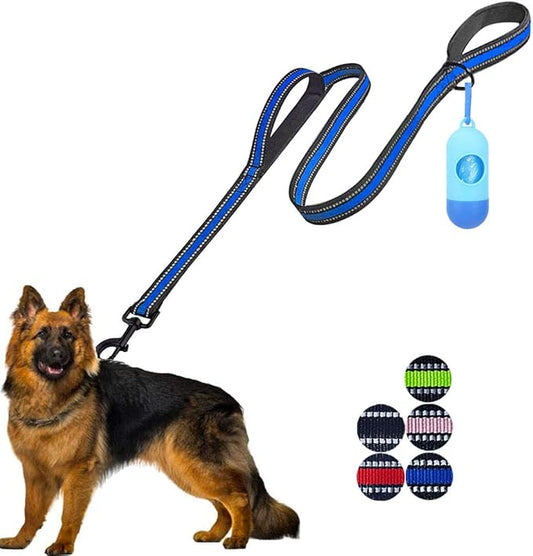 JSXD Heavy Duty Double Handle Dog Leash - 5 FT with Comfortable Padded and Reflective Rope, Suitable for Small, Medium, Large Dogs (Wide-Blue)