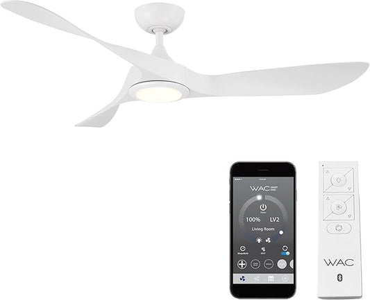WAC Smart Fans Swirl Indoor and Outdoor 3-Blade Smart Home Ceiling Fan 54in Matte White Adjustable CCT 2700-3000-4000-5000K LED Light Kit and Remote Control works with Alexa and iOS or Android App