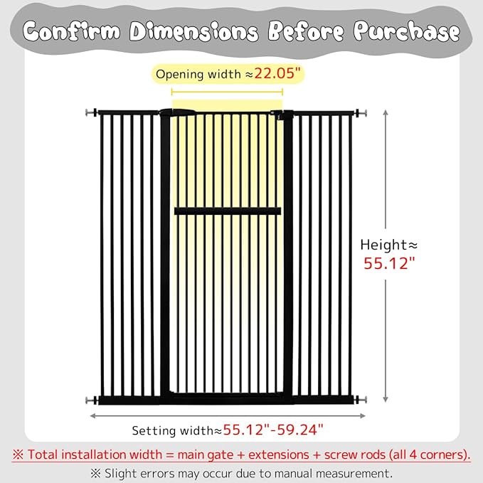 Lumizone Extra Tall Pet Gate 55.12" High Pressure Mounted 55.12"-59.24" Extra Wide (9 Sizes) 1.37" Gap for Cat Dog Stairs Doorway Hallway No Drilling Auto-Close (55.12"-59.24" W, Black)