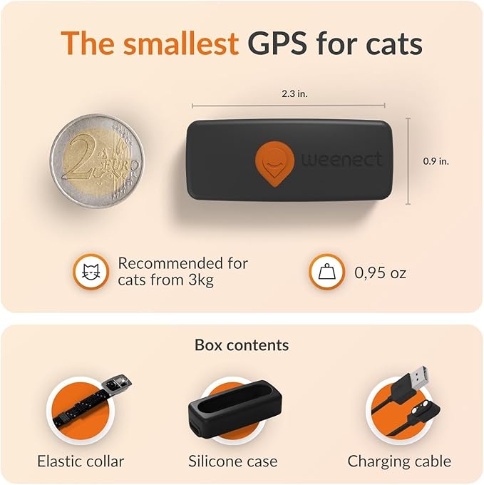 Weenect Cat XS - New GPS Tracker for Cats | Real-time Mini GPS Tracker for Cats | Smallest Model on The Market | Collar Included | Subscription Required