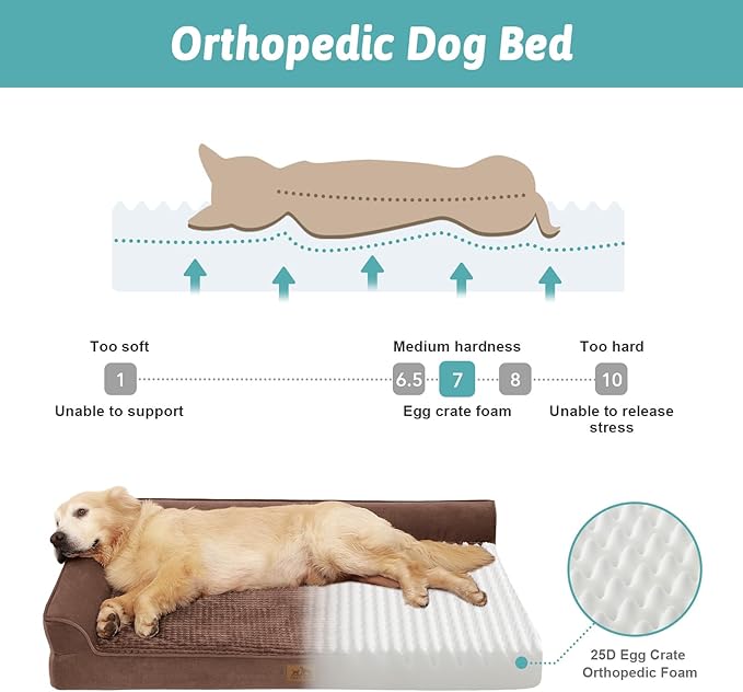 Orthopedic Dog Bed for Large Size Dog, XL Dogs Crate Bed, L Shaped Foam Anti-Slip Bottom Pet Cat Sofa with Washable Removable Cover, Suitable for Pet Up to 100 lbs, 44x32x7 inch, Brown