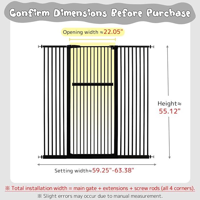 Lumizone Extra Tall Pet Gate 55.12" High Pressure Mounted 59.25"-63.38" Extra Wide (9 Sizes) 1.37" Gap for Cat Dog Stairs Doorway Hallway No Drilling Auto-Close (59.25"-63.38" W, Black)