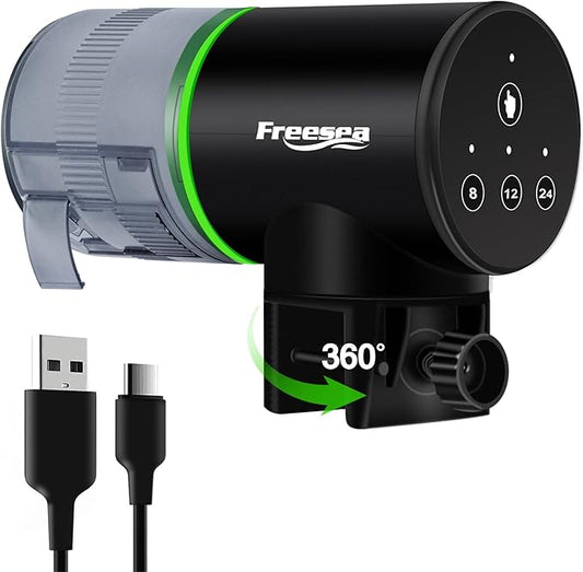 FREESEA Aquarium Automatic Fish Feeder: Rechargeable Auto Fish Food Dispenser - Fish Tank Vacation Timer Feeder for Betta | Koi | Goldfish | Turtle