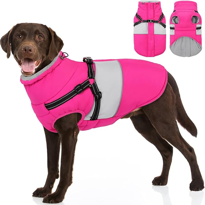 SUNFURA Dog Jacket, Large Dog Coat with Harness Built in, Warm Pet Winter Jacket Zippered Snow Coat with Furry Collar, Waterproof Fleece Snowsuit for French Bulldog, Hot Pink L