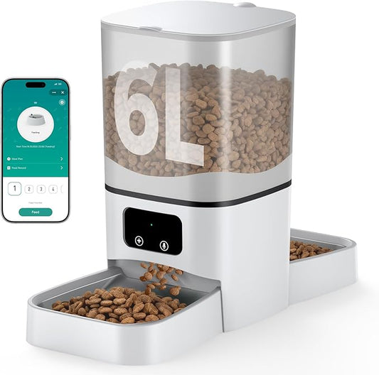 Automatic Cat Feeder for 2 Cats, 6L Automatic Cat Food Dispenser with 2 Stainless Steel Bowls, Timed Dry Food Dispenser with APP Control for Cats and Dogs, Dual Power Supply, 10s Voice Recorder