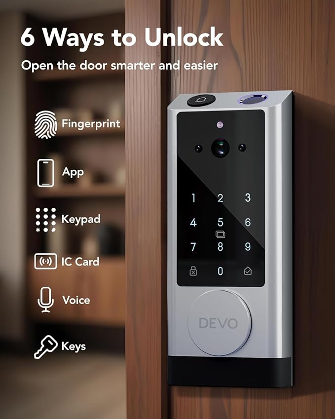 Devo G1 Video Smart Lock with Camera&Doorbell,App Remote Door Lock 6-in-1 Keyless Entry,Fingerprint ID,Auto Locks,Built-in Wi-Fi Smart Deadbolt for Front Door,Easy Install,Waterproof,BHMA Grade 3
