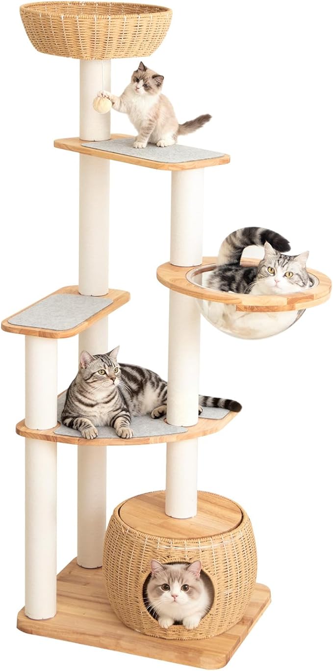 Wood Cat Tree for Large Cat, 63-Inch Tall Cat Tower with Scratching Post for Indoor Cats, Multi-Level Cat Condo with Hand-Woven Cat Bed and Acrylic Bowl Easy to Clean (White 81007s)