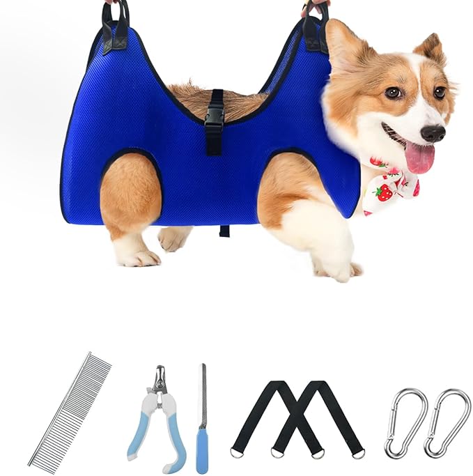 Dog Grooming Hammock Grooming Harness for Small Dogs Pet Grooming Hammock with Nail Clippers/Nail File/Comb Breathable Dog Nail Harness Hanging for Nail Trimming,Ear,Eye Care Home Grooming Set