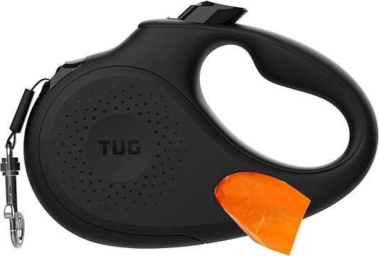 TUG Oval 360° Tangle-Free Retractable Dog Leash with Integrated Waste Bag Dispenser (Medium, Black)