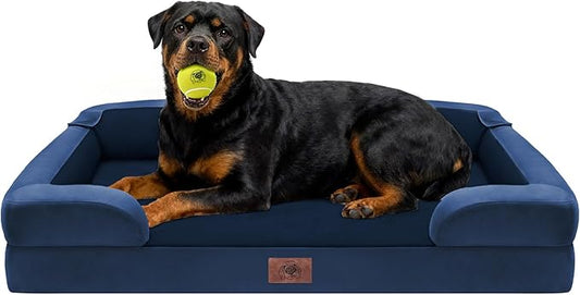 Orthopedic Dog Bed for Extra Large Dogs, XXL Waterproof Egg Crate Memory Foam Pet Bed Bolsters with Removable Washable Cover & Non-Slip Bottom, Tennis Ball Toy, 45x35