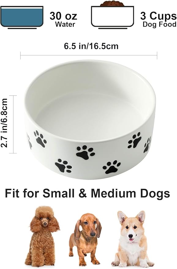 6.5 Inch White Ceramic Dog Bowl with Paw Print Pattern - Porcelain Wide Mouth Dog Food or Water Bowls, Large Feeding Pet Bowls for Indoor Medium Sized Dogs, for Wet or Dry Food
