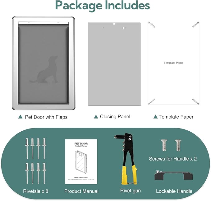 [Parab House] Aluminum XL Dog Door for Door, Open Size:24.4" H x 13.8'', Heavy Duty Doggy Door with Full Enclosed Magnetic Flaps,Extreme Weather Doggie Doors,Giant Doggie Door(Silver, XLarge)Pet Door