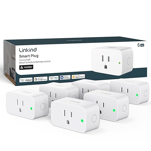 Linkind Matter Smart Plug, Smart Home Smart Outlet Timer, Work with Apple Home, Siri, Alexa, Google, SmartThings, 15A/1800W, APP Remote Control & Schedule, ETL & FCC Certified, 2.4G WiFi Only, 6 Pack