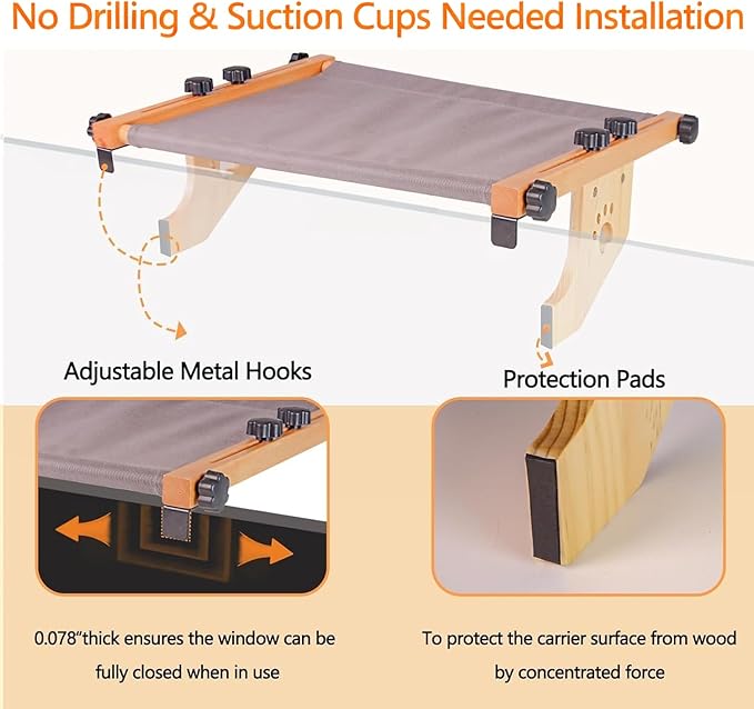 Cat Window Perch- Adjustable Sill Fit,Renter-Safe,Wood-Metal Frame Sturdy Hammock No Drilling,Washable Bed Cover,Tool-Free Install for Indoor Cats,Ideal for Small Spaces & Multi-Cat Families(Grey,M)