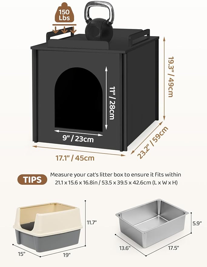 Wooden Cat Litter Box Enclosure, Hidden Litter Box Furniture with Litter Mat, Multi-Functional Cat House, for Living Room Bedroom Indoor, 23.2 x 17.7 x 19.3 inches, Black