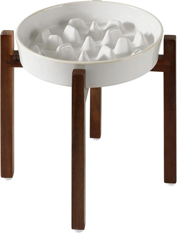 3.2 Cup Ceramic Dog Raised Slow Feeder Set, Elevated Bowl with Wooden Stand for Large Dog, 9.5inch Slow Feeder Dish for Fast Easters(1 Bowl & Stand, Reactived Glaze -White)
