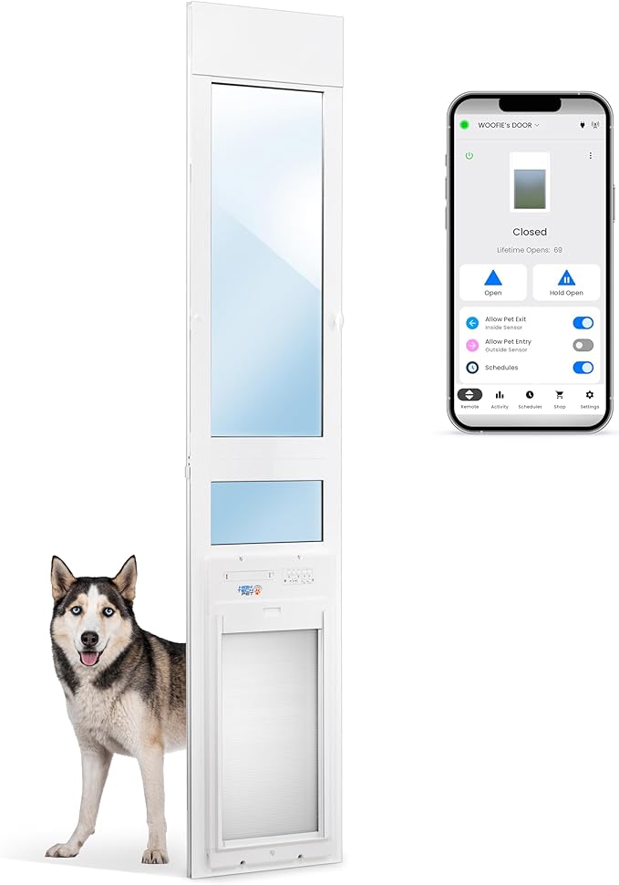 Power Pet Automatic ROLL UP Door by High Tech Pet Brand - Motorized Panel Rolls Up - Pet Operated - Remote App Control - 24/7 Exit & Entry Timers (Patio Regular - 75-80¼, Large)