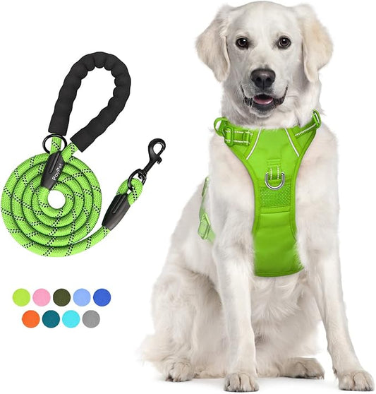 PoyPet No Pull Dog Harness and 5 Feet Leash Set, Release on Neck Reflective Adjustable Pet Vest, Front & Back 2 D-Ring and Soft Padded Pet Harness with Handle for Small to Large Dogs(Green,L)