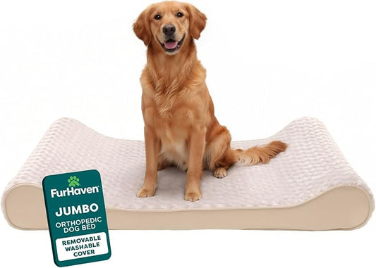 FurHaven Orthopedic Dog Bed for Large Dogs, Luxe Lounger Contour Mattress with Solid Orthopedic Foam Slab for Joint Support, Removable Washable Cover, Jumbo XL, Plush Suede, Cream