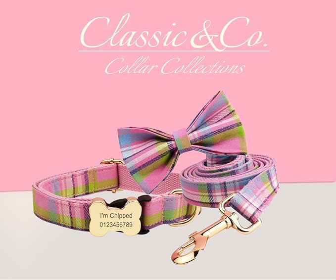 Personalized Dog Collar with Bone Buckle – Custom Name & Phone Number Engraved, Adjustable Quick Release for Small to Large Dogs (Plaid Tartan)