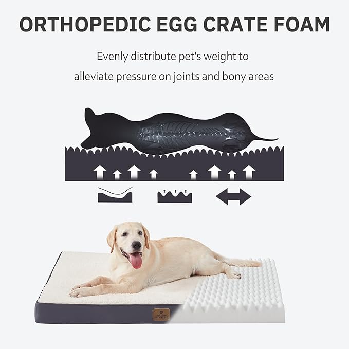 Bedfolks Orthopedic Dog Bed for Jumbo Dogs - Egg Foam Dog Crate Bed with Removable Waterproof Cover, Pet Bed Mat Suitable for Dogs and Pets Up to 150 lbs (54 x 44 x 4 inches, Grey)