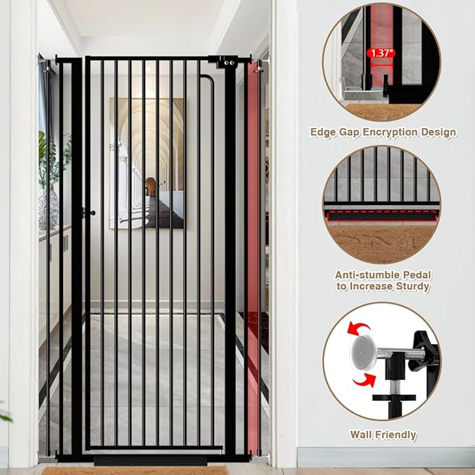 57" Extra Tall Pet Gate for Cats Dogs-43.4"-48" Extra Wide Cat Gate for Doorways and Stairs-1.37" Ultra Narrow Spacing Pressure Mounted Dog Gate with One-Handed Operation(43.4"-48")