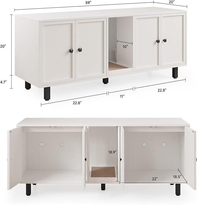ONBRILL 59 Inches Cat Litter Box Enclosure for 2 Cats, Hidden Litter Boxes Furniture with Cat Scratch Pad, Large Indoor Pet House with Double Room, Wooden TV Stand Side Table, Off White