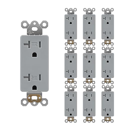 10 Pack Standard Decorator Electrical Wall Receptacle, 20 Amp Tamper Resistant Outlet, Self-Grounding, Residential Grade, 2 Pole 3 Wire, UL Listed, Gray
