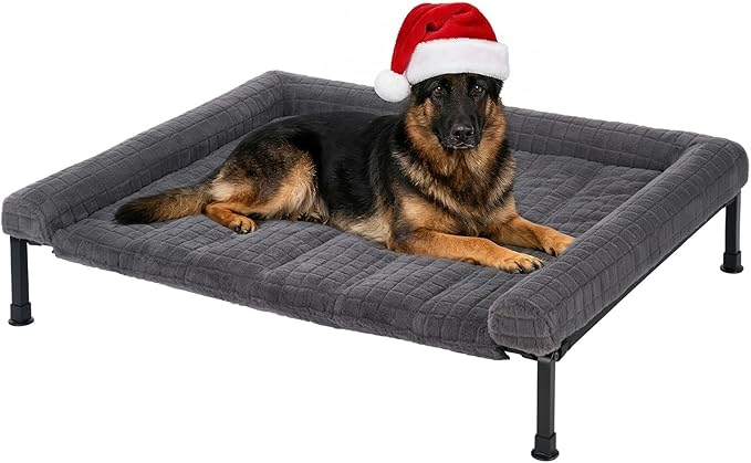 Veehoo Elevated Dog Bed Large Sized with Fluffy Plush Bolster Cushion, Washable Orthopedic Dog Couch Bed, Cooling Raised Pet Cot with Removable Mat, Breathable Mesh, No-Slip Feet, 45 x 34 inches, Grey