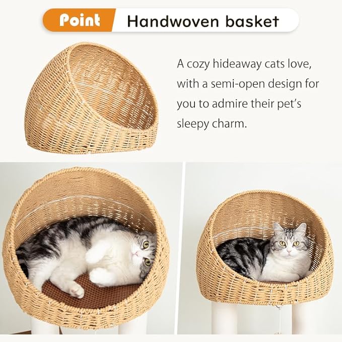 Wood Cat Tree for Large Cat, 60-Inch Tall Cat Tower with Scratching Post for Indoor Cats, Multi-Level Cat Condo with Hand-Woven Cat Bed and Acrylic Bowl Easy to Clean (Brown-81004S)