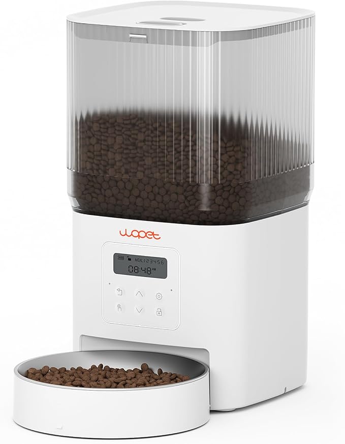 WOPET Automatic Cat Feeder, 4L Automatic Dog Feeder with 180-Day Battery Life, Programmable Cat Food Dispenser with Stainless Steel Bowl，1-6 Meals Per Day (White-01, Regular)