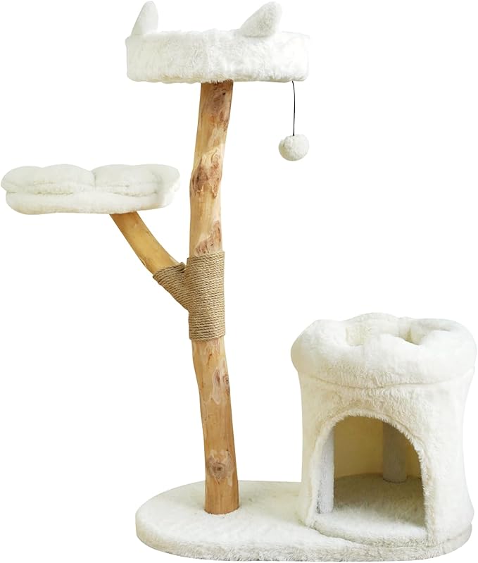 Real Wood Modern Cat Tower, Climbing Tower Cats Tree with Scratching Post and Ball, Cat Furniture with Flower Bed for 37.5" Tall, Branch Luxury Condo for Indoor Wood Cats Large Adult Tree, Warm White
