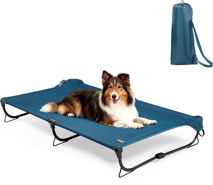 Folding Raised Dog Cot, Large Outdoor Elevated Dog Bed, Cooling Chew Proof Pet Cots Bed, Portable, Heavy Duty Up to 160 lbs, Pet Cot for Camping, Home, Dark Blue, 43"x27"x7"