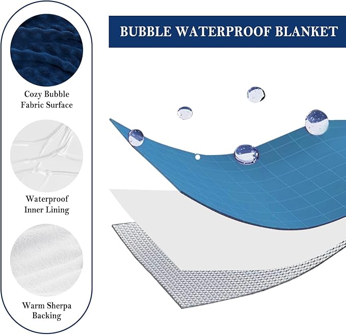 Waterproof Blanket for Bed Couch Sofa Car, Soft Leakproof Dog Blanket with 3D Bubble Pattern, Reversible Water Proof Pet Blankets for Dogs Cats Puppies (60"x80", Navy Blue)