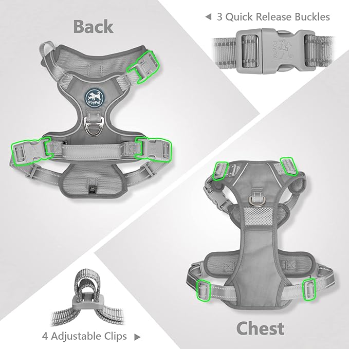 PoyPet No Pull Dog Harness, No Choke Reflective Dog Vest, Adjustable Pet Harnesses with Easy Control Padded Handle for Small Medium Large Dogs(Gray,XL)