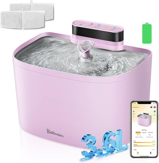 Cat Water Fountain, App Control Wireless Cat Fountain, 122oz/3.6L Pumpless Water Fountains for Cats Indoor with Stainless Steel Tray, Wi-Fi Dog and Pet Water Fountain (Pink, Fountain+2 Fliters)