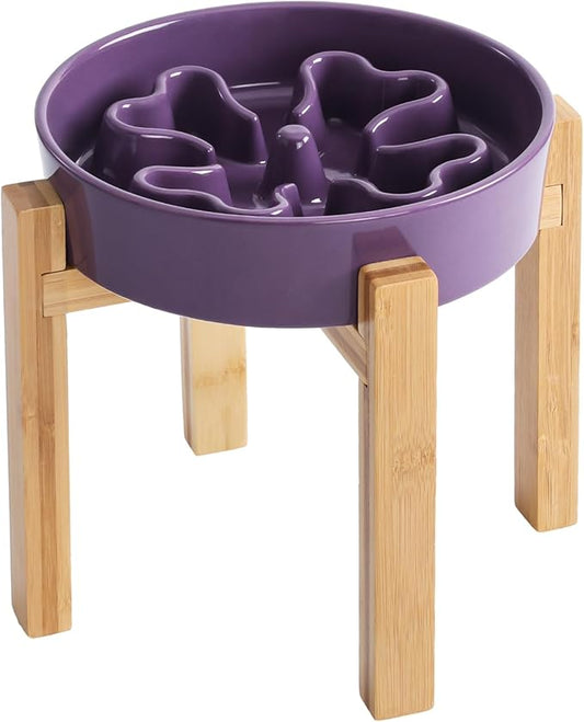 Slow Feeder,Ceramic-Slow Feeder Dog Bowls Elevated for Medium and Large Breed,2.5 Cups Slow Feed Dog Bowl with Stand,Purple