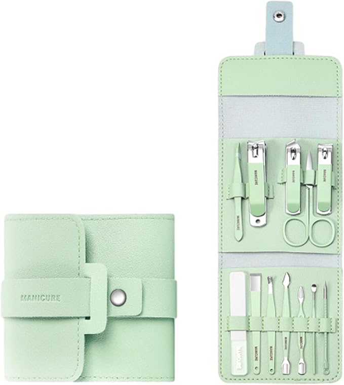 Portable Nail Clipper Set (12/16pcs), Folding Leather Nail Clipper Set, Easy Storage Manicure Kit with Clippers, Cuticle Trimmer & Care Tools, Compact Manicure Kit (Light Green 12PCS)