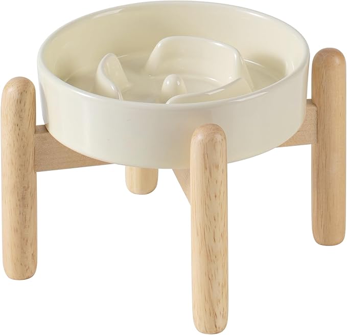 Ceramic 0.9 Cup Raised Dog Slow Feeder Set, Elevated Bowl with Wooden Stand for Small Dog and Cat, 6.1inch Puzzle Slow Dog Food Dish, Anti-Gulping(Beige, Single Bowl+ Stand)