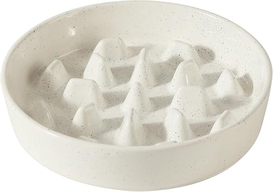 Ceramic 3.2 Cup Dog Bowl Slow Feeder, 9.5 inch Slow Pet Food Dish for Large Dog, Stop Bloat, Preventing Choking(Single Bowl, Vanilla White)