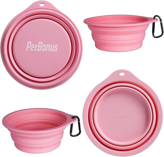PetBonus 2-Pack Silicone Collapsible Dog Bowls, BPA Free Dishwasher Safe, Portable Foldable Expandable Travel Bowl, Food Water Feeding Cup Dish for Dogs Cats with 2 Carabiners (Purple, Pink)