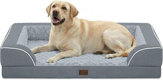 Orthopedic XL Dog Beds, Waterproof Memory Foam Big Bolster Pet Bed for Extra Large Sized Dogs 45x35Inch, Non-Slip Bottom and Egg-Crate Foam Dog Couch Bed with Washable Removable Cover, Grey