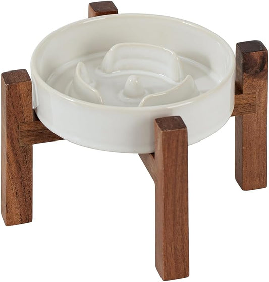 Ceramic 0.9 Cup Raised Slow Feeder Dog Bowl Set, Elevated Acacia Wood Stand for Small Dog and Cat, 6.1inch Slow Dish, Stop Bloat(Single Bowl+ Stand, Reactived Glaze -White)