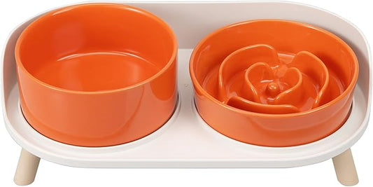 Elevated Slow Feeder Dog Bowls - Ceramic Food and Water Bowl Set with Stand - Raised Pet Dishes for Small and Medium Sized Dogs