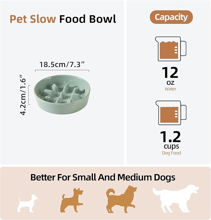 Ceramic 1.2 Cup Dog Bowl Slow Feeder, 7.3 inch Slow Pet Food Dish for Medium and Small Dog, Stop Bloat, Preventing Choking(Single Bowl, Light Green)