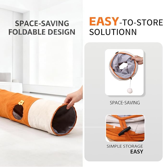 Large Cat Tunnels for Indoor Cats,Durable & Collapsible Play Tubes and Tunnels with Crinkle Sound & Balls for Adult Cats & Kittens (Orange)