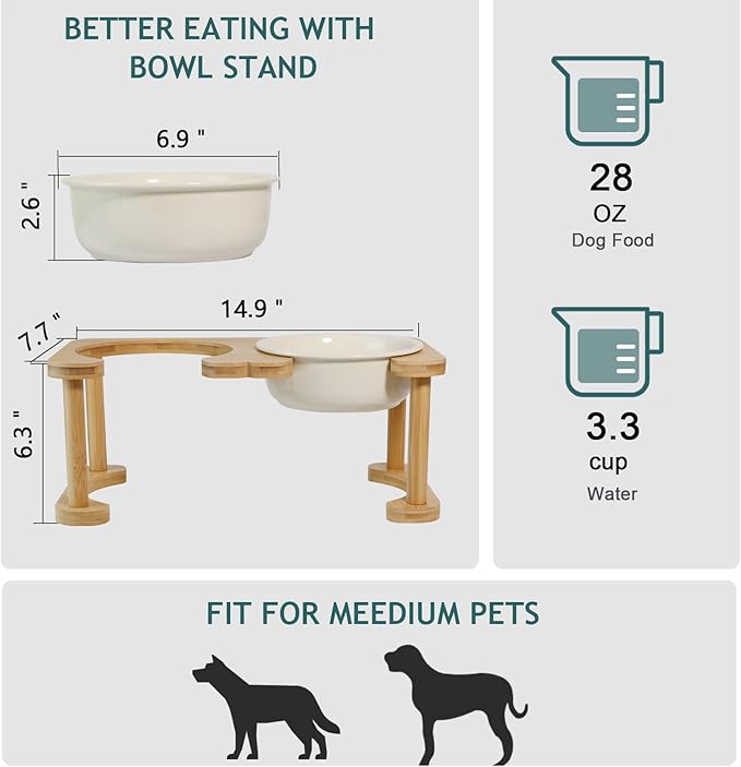 Elevated Ceramic Dog Bowls, Porcelain Raised Dog Bowl with Anti-Slip Stand, Pet Feeding Dishes for Medium Sized Dogs, Pet Feeder Bowl Set for Food and Water (6.3" Tall-28oz-Cream White)