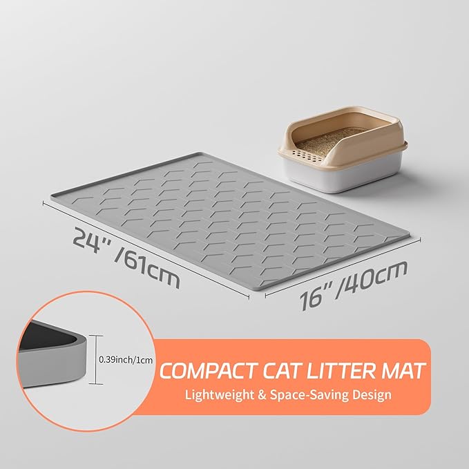 Silicone Cat Litter Mat with Raised Edges, Waterproof/Urineproof, Litter-Collecting Interior Ridges, Soft & Pet-Friendly (24"x16"-Grey)